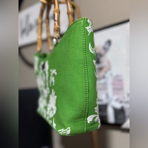 Kate Spade Green and White Floral Tote w rhinestones & Bamboo Handles - EUC Rare - Picture 10 of 16